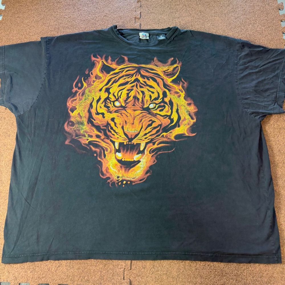 B+ Liquid Blue Mens Flaming Tiger Graphic T-Shirt Black 6XL Big Cotton‎ Tee rare